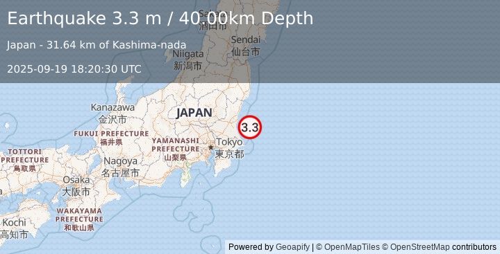 Earthquake NEAR EAST COAST OF HONSHU, JAPAN (3.3 m) (2025-09-19 18:20:30 UTC)