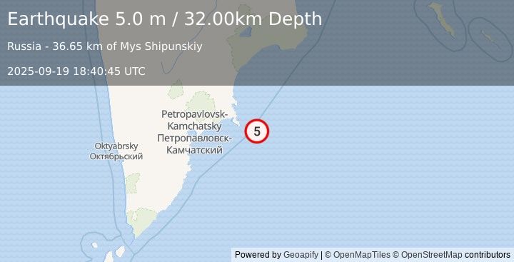 Earthquake OFF EAST COAST OF KAMCHATKA (5.0 mb) (2025-09-19 18:40:40 UTC)