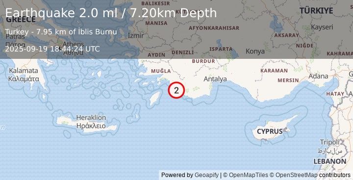 Earthquake DODECANESE IS.-TURKEY BORDER REG (2.0 ml) (2025-09-19 18:44:24 UTC)