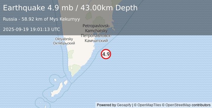 Earthquake OFF EAST COAST OF KAMCHATKA (4.9 mb) (2025-09-19 19:01:13 UTC)