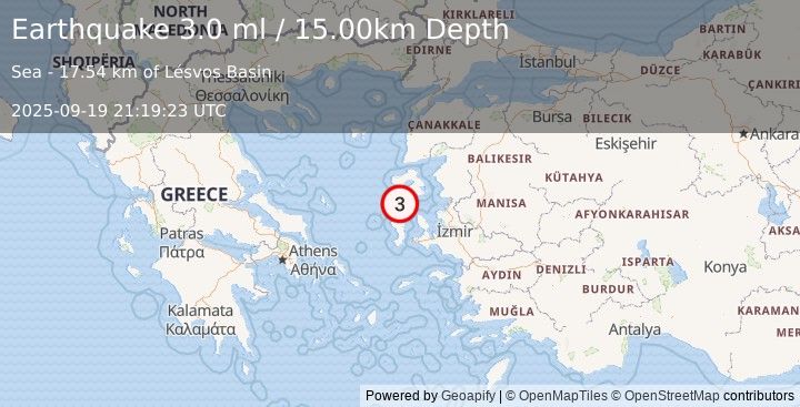 Earthquake NEAR THE COAST OF WESTERN TURKEY (3.0 ml) (2025-09-19 21:19:23 UTC)