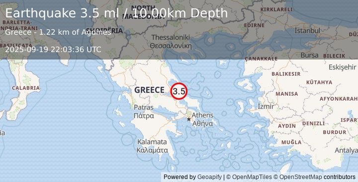 Earthquake GREECE (3.5 ml) (2025-09-19 22:03:36 UTC)