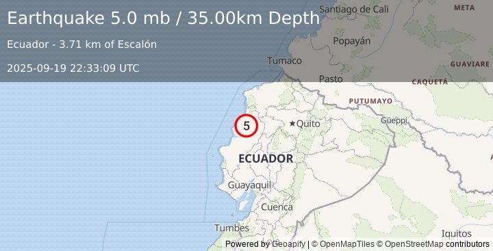 Earthquake NEAR COAST OF ECUADOR (5.0 mb) (2025-09-19 22:33:06 UTC)
