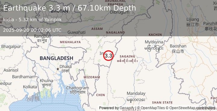 Earthquake MYANMAR-INDIA BORDER REGION (2.7 m) (2025-09-20 00:02:03 UTC)