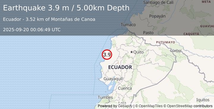 Earthquake NEAR COAST OF ECUADOR (3.9 m) (2025-09-20 00:06:49 UTC)