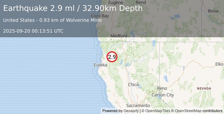 Earthquake NORTHERN CALIFORNIA (2.9 ml) (2025-09-20 00:13:51 UTC)