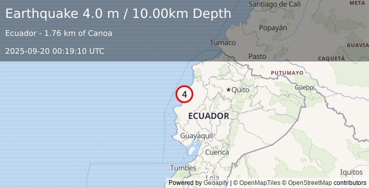 Earthquake NEAR COAST OF ECUADOR (4.0 m) (2025-09-20 00:19:10 UTC)