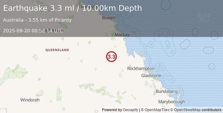 Earthquake QUEENSLAND, AUSTRALIA (3.3 ml) (2025-09-20 00:58:14 UTC)