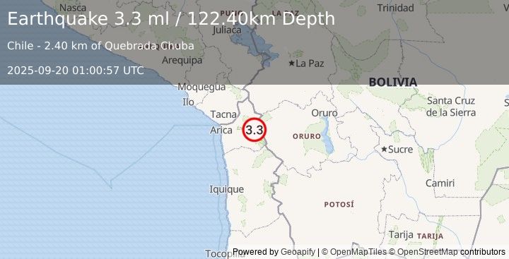 Earthquake TARAPACA, CHILE (3.3 ml) (2025-09-20 01:00:57 UTC)