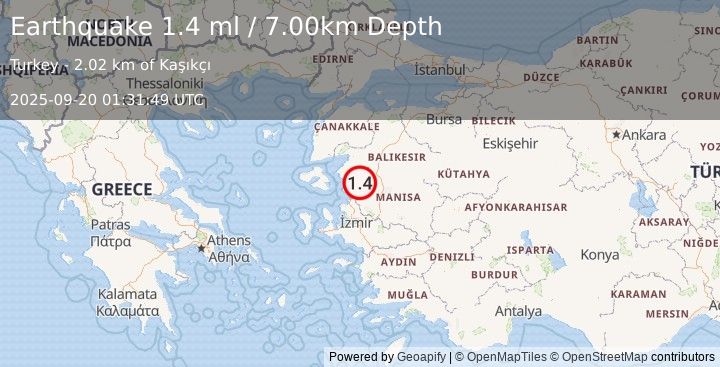 Earthquake WESTERN TURKEY (1.4 ml) (2025-09-20 01:31:49 UTC)