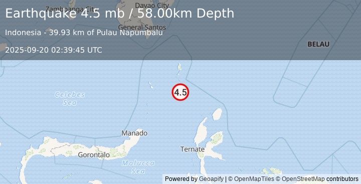 Earthquake KEPULAUAN TALAUD, INDONESIA (4.8 mb) (2025-09-20 02:39:48 UTC)