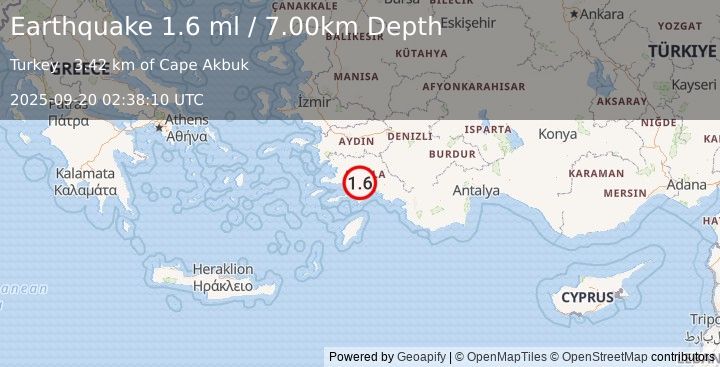 Earthquake WESTERN TURKEY (1.6 ml) (2025-09-20 02:38:10 UTC)