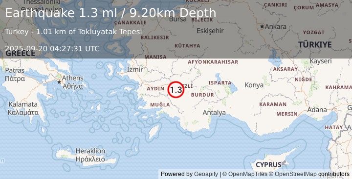 Earthquake WESTERN TURKEY (1.3 ml) (2025-09-20 04:27:31 UTC)