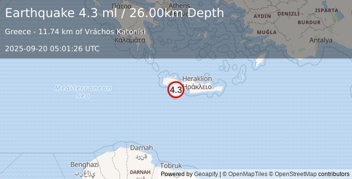 Earthquake CRETE, GREECE (4.1 ml) (2025-09-20 05:01:24 UTC)