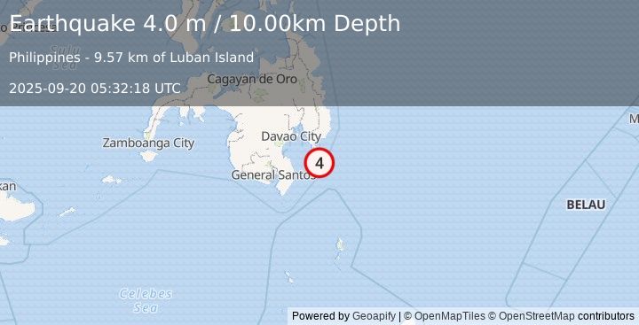 Earthquake MINDANAO, PHILIPPINES (4.0 m) (2025-09-20 05:32:18 UTC)
