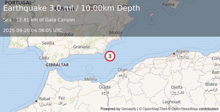 Earthquake WESTERN MEDITERRANEAN SEA (3.0 ml) (2025-09-20 06:08:04 UTC)