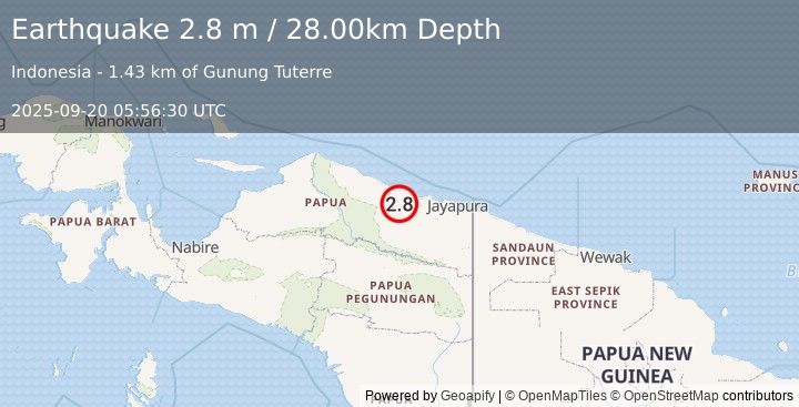 Earthquake NEAR N COAST OF PAPUA, INDONESIA (2.8 m) (2025-09-20 05:56:30 UTC)