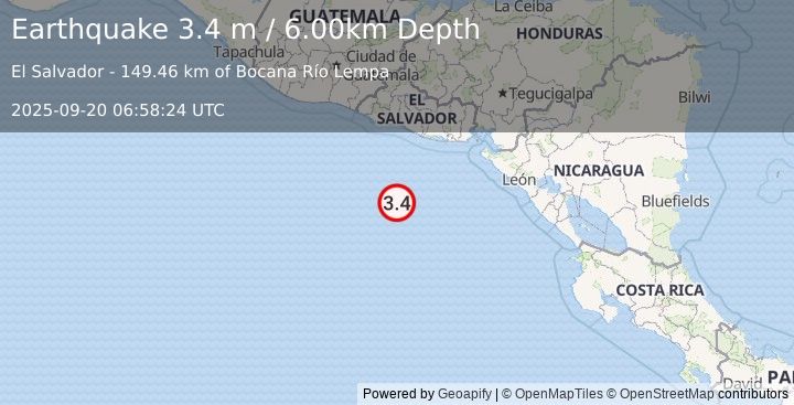 Earthquake OFF COAST OF CENTRAL AMERICA (3.4 m) (2025-09-20 06:58:24 UTC)