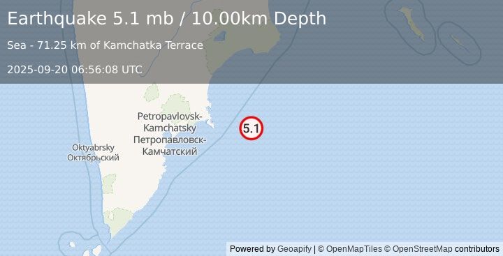 Earthquake OFF EAST COAST OF KAMCHATKA (5.0 mb) (2025-09-20 06:56:07 UTC)