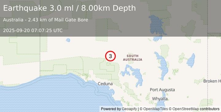 Earthquake SOUTH AUSTRALIA (3.0 ml) (2025-09-20 07:07:25 UTC)