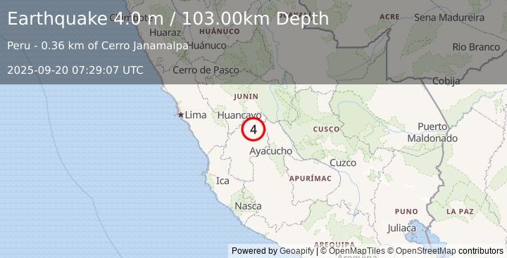 Earthquake CENTRAL PERU (4.0 m) (2025-09-20 07:29:07 UTC)