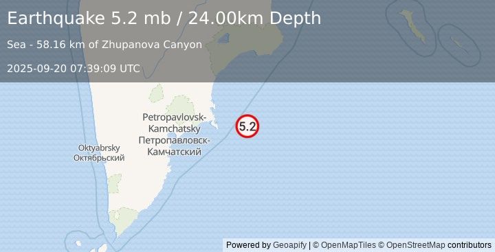 Earthquake OFF EAST COAST OF KAMCHATKA (4.9 mb) (2025-09-20 07:39:10 UTC)