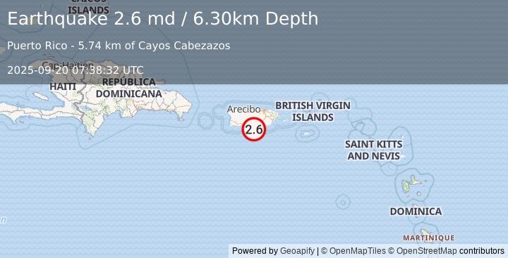Earthquake PUERTO RICO REGION (2.6 md) (2025-09-20 07:38:32 UTC)