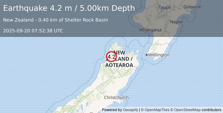 Earthquake SOUTH ISLAND OF NEW ZEALAND (4.2 m) (2025-09-20 07:52:38 UTC)