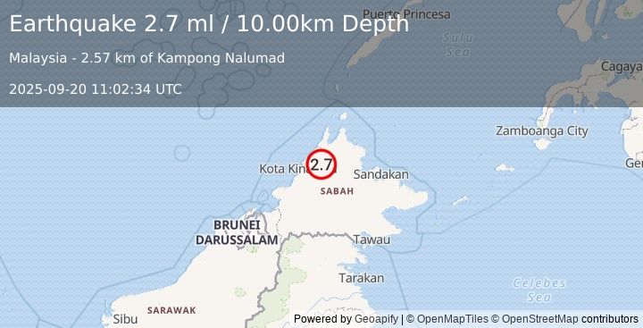 Earthquake SABAH, MALAYSIA (2.7 ml) (2025-09-20 11:02:34 UTC)