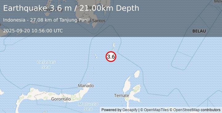 Earthquake KEPULAUAN TALAUD, INDONESIA (3.6 m) (2025-09-20 10:56:00 UTC)