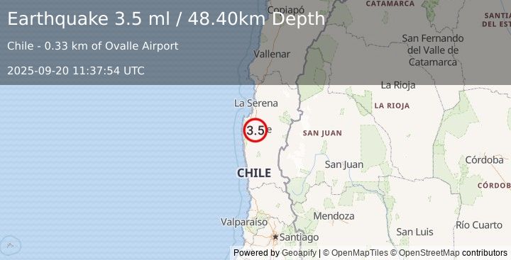 Earthquake COQUIMBO, CHILE (3.5 ml) (2025-09-20 11:37:54 UTC)