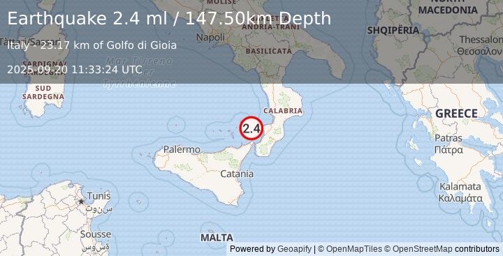 Earthquake SICILY, ITALY (2.4 ml) (2025-09-20 11:33:24 UTC)