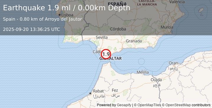 Earthquake STRAIT OF GIBRALTAR (1.9 ml) (2025-09-20 13:36:25 UTC)