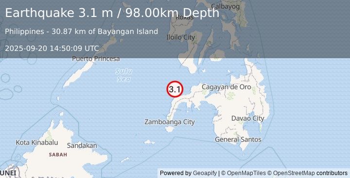 Earthquake MINDANAO, PHILIPPINES (3.1 m) (2025-09-20 14:50:09 UTC)