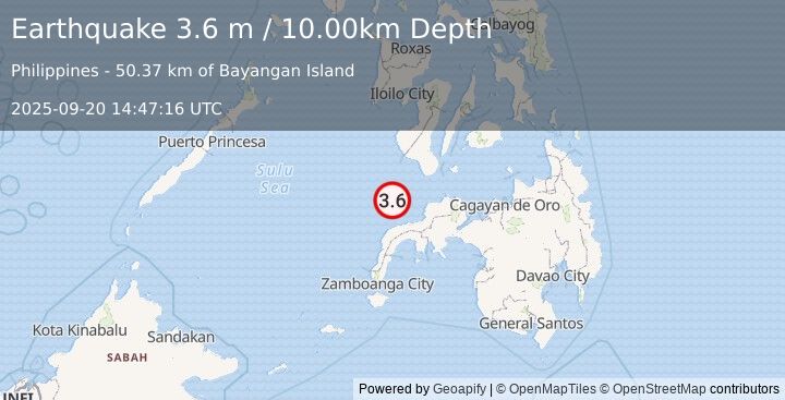 Earthquake MINDANAO, PHILIPPINES (3.6 m) (2025-09-20 14:47:16 UTC)