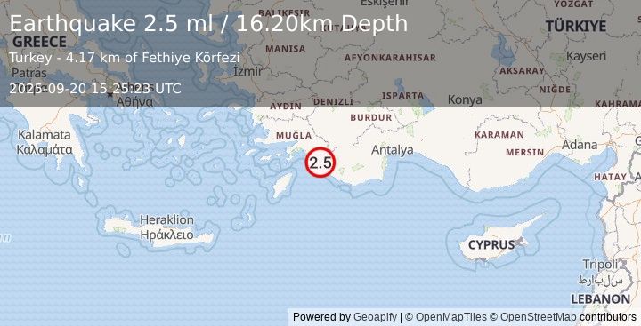 Earthquake DODECANESE IS.-TURKEY BORDER REG (2.5 ml) (2025-09-20 15:25:23 UTC)