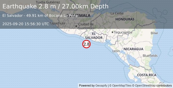 Earthquake OFFSHORE EL SALVADOR (2.8 m) (2025-09-20 15:56:30 UTC)