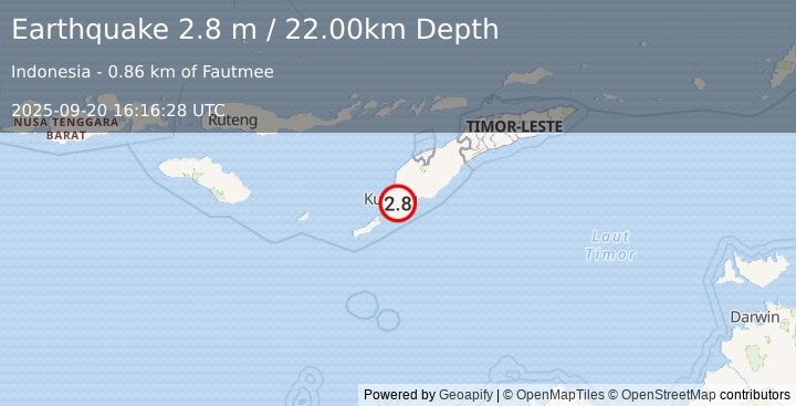 Earthquake TIMOR REGION, INDONESIA (2.8 m) (2025-09-20 16:16:28 UTC)