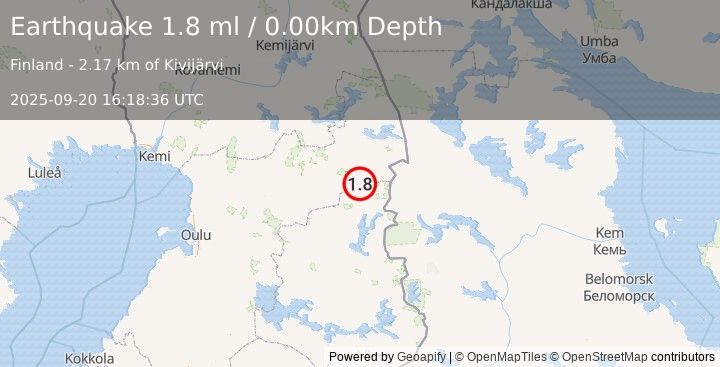 Earthquake FINLAND-RUSSIA BORDER REGION (1.3 ml) (2025-09-20 16:18:35 UTC)