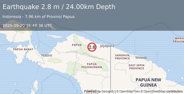 Earthquake NEAR N COAST OF PAPUA, INDONESIA (2.8 m) (2025-09-20 16:49:36 UTC)