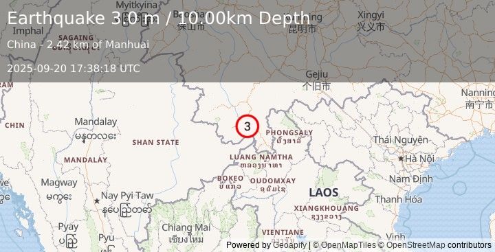 Earthquake MYANMAR-CHINA BORDER REGION (3.0 m) (2025-09-20 17:38:18 UTC)