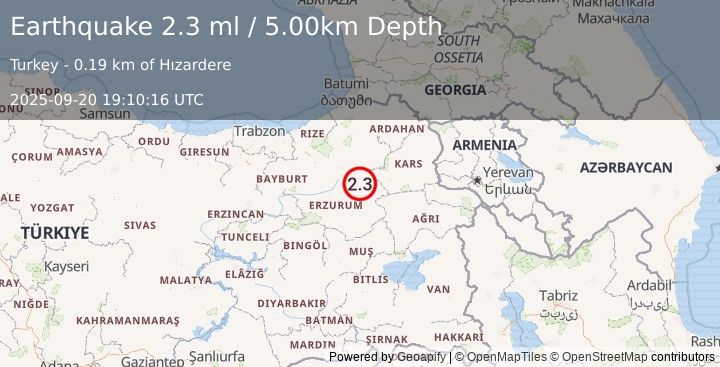 Earthquake EASTERN TURKEY (2.3 ml) (2025-09-20 19:10:17 UTC)