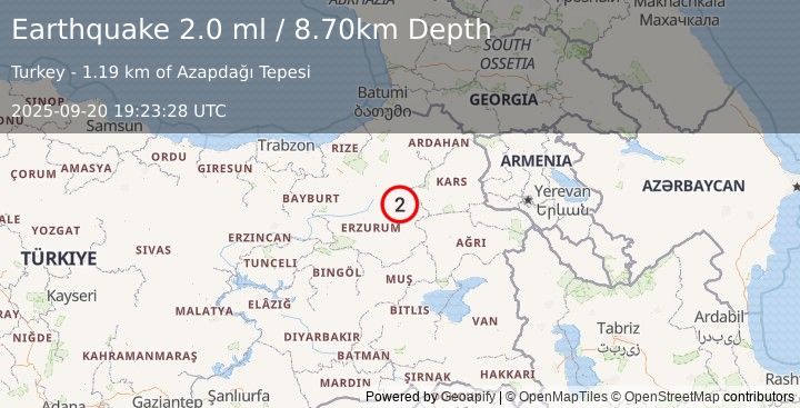 Earthquake EASTERN TURKEY (1.9 ml) (2025-09-20 19:23:29 UTC)