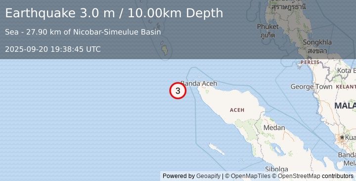 Earthquake NORTHERN SUMATRA, INDONESIA (3.0 m) (2025-09-20 19:38:45 UTC)