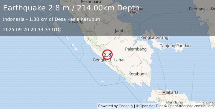 Earthquake SOUTHERN SUMATRA, INDONESIA (2.8 m) (2025-09-20 20:33:33 UTC)