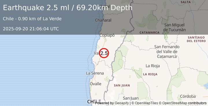 Earthquake ATACAMA, CHILE (2.5 ml) (2025-09-20 21:06:04 UTC)