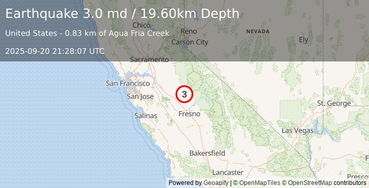 Earthquake CENTRAL CALIFORNIA (3.0 md) (2025-09-20 21:28:07 UTC)