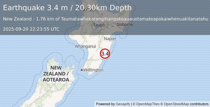 Earthquake NORTH ISLAND OF NEW ZEALAND (3.4 m) (2025-09-20 22:23:55 UTC)