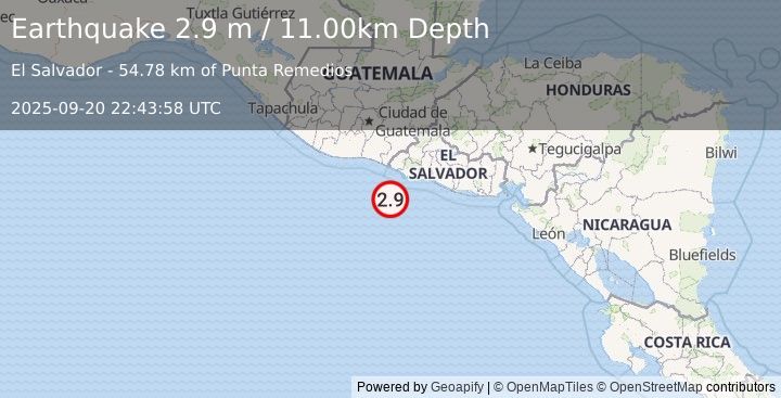 Earthquake OFFSHORE EL SALVADOR (2.9 m) (2025-09-20 22:43:58 UTC)