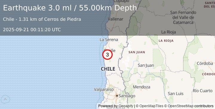 Earthquake COQUIMBO, CHILE (3.0 ml) (2025-09-21 00:11:20 UTC)